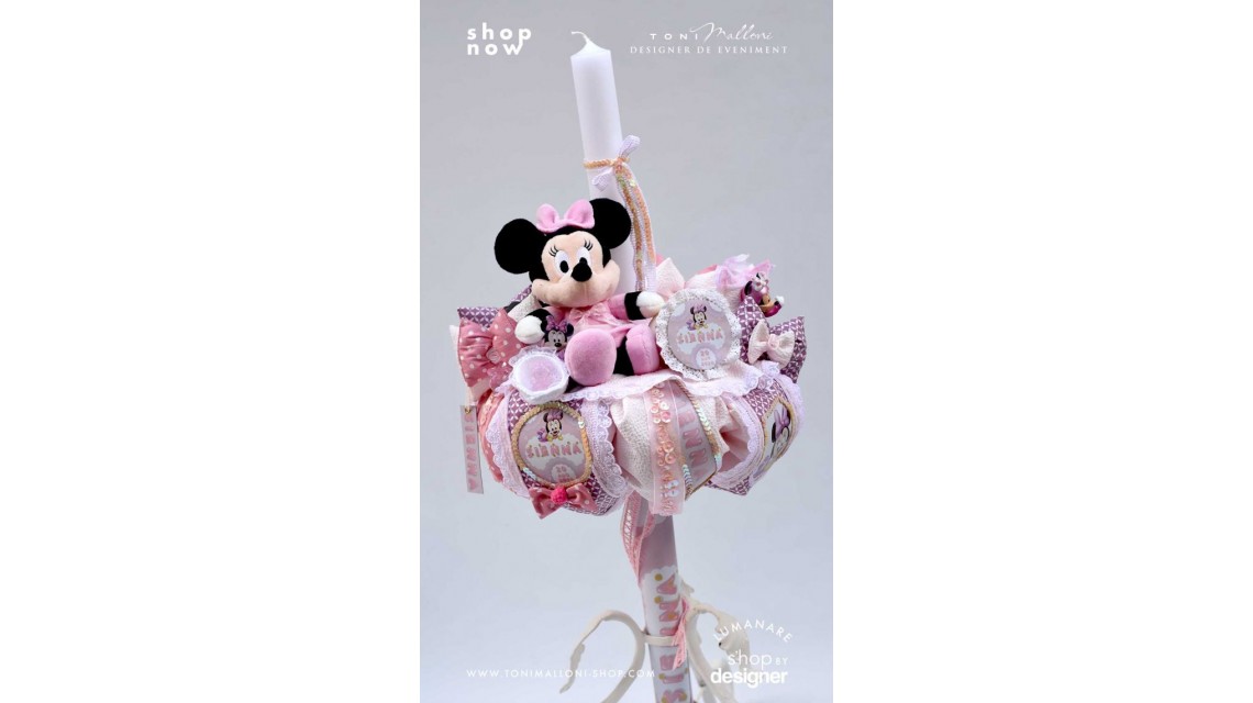 Lumanare cu Minnie Mouse Racer personalizata cu paiete roz si lila 2